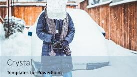  Presentation with car cleaning - PPT theme enhanced with woman with shovel cleaning snow aeound car winter shoveling removing snow after blizzard background and a light blue colored foreground