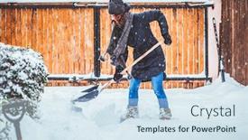  Presentation with blizzard - Theme featuring woman with shovel cleaning snow winter shoveling removing snow after blizzard background and a sky blue colored foreground