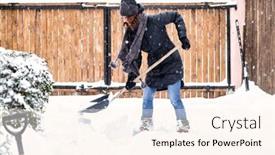  Presentation with car cleaning - Amazing PPT theme having woman-with-shovel-cleaning-snow backdrop and a cream colored foreground