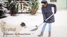  Presentation with blizzard - PPT theme featuring woman-with-shovel-cleaning-snow background and a lemonade colored foreground