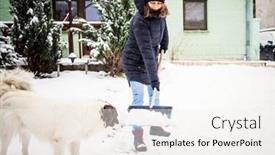  Presentation with blizzard - Cool new PPT layouts with woman-with-shovel-cleaning-snow backdrop and a sky blue colored foreground