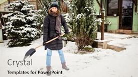  Presentation with blizzard - Beautiful PPT layouts featuring woman-with-shovel-cleaning-snow backdrop and a sky blue colored foreground