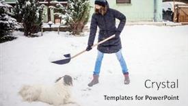  Presentation with blizzard - Beautiful PPT theme featuring woman-with-shovel-cleaning-snow backdrop and a white colored foreground