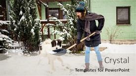  Presentation with blizzard - PPT theme having woman-with-shovel-cleaning-snow background and a soft green colored foreground
