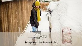  Presentation with blizzard - Cool new PPT theme with woman-with-shovel-cleaning-snow backdrop and a soft green colored foreground