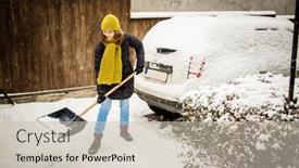  Presentation with blizzard - PPT theme consisting of woman-with-shovel-cleaning-snow background and a soft green colored foreground