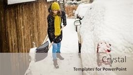  Presentation with blizzard - Beautiful PPT layouts featuring woman-with-shovel-cleaning-snow backdrop and a soft green colored foreground