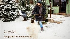 Presentation with blizzard - Amazing PPT theme having woman-with-shovel-cleaning-snow backdrop and a sky blue colored foreground