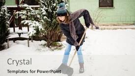  Presentation with snow - Presentation theme featuring woman-with-shovel-cleaning-snow background and a white colored foreground