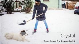  Presentation with blizzard - PPT theme having woman-with-shovel-cleaning-snow background and a white colored foreground