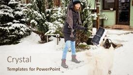  Presentation with blizzard - Presentation design featuring woman-with-shovel-cleaning-snow background and a sky blue colored foreground