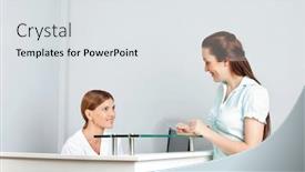  Presentation with smart card - Amazing PPT layouts having woman-with-smart-card-checking backdrop and a light gray colored foreground