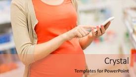  Presentation with medicine pregnant woman - Presentation design consisting of woman with smartphone at pharmacy background and a coral colored foreground
