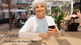  Presentation with old age - Presentation theme consisting of woman with smartphone at street background and a  colored foreground