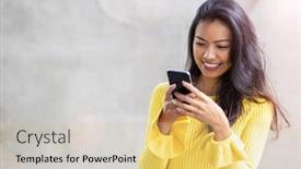  Presentation with city street - Presentation consisting of filipino - woman with smartphone in downtown background and a soft green colored foreground