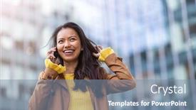  Presentation with orlando florida usa downtown city - Beautiful presentation design featuring woman with smartphone in downtown city street backdrop and a seafoam green colored foreground