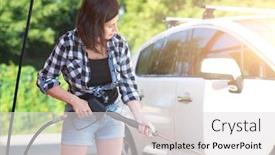  Presentation with car wash - Slide deck with woman-with-sprayer-on-self background and a light gray colored foreground