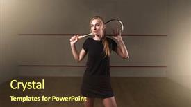  Presentation with club training - Amazing PPT layouts having woman with squash racket indoor backdrop and a tawny brown colored foreground