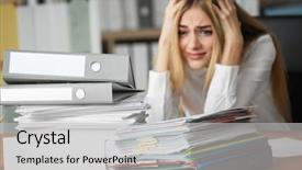  Presentation with office management - PPT layouts consisting of woman with stack of document background and a light gray colored foreground