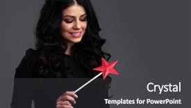  Presentation with magic wand - Presentation theme with woman with star shaped magic background and a dark gray colored foreground