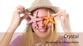  Presentation with shells - Beautiful slides featuring woman with star shells isolated on white backdrop and a coral colored foreground
