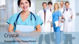  Presentation with doctor family - Amazing PPT theme having doctor woman with stethoscope health backdrop and a light blue colored foreground