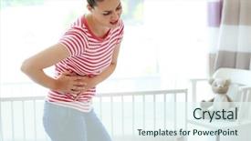  Presentation with stomach - Colorful PPT theme enhanced with woman with stomach pain backdrop and a sky blue colored foreground