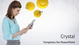  Presentation with digital - Presentation theme with woman with tablet and emoji background and a sky blue colored foreground
