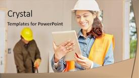  Presentation with planning - PPT layouts featuring woman with tablet computer background and a soft green colored foreground