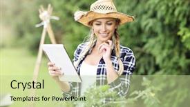  Presentation with role play woman and man - Presentation design consisting of woman with tablet examining plant background and a mint green colored foreground