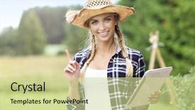  Presentation with diseases - PPT theme having woman with tablet examining plant background and a soft green colored foreground