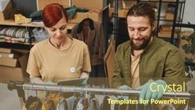  Presentation with volunteer - PPT theme consisting of woman-with-tablet-looking background and a tawny brown colored foreground