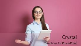  Presentation with beautiful young woman getting face - Presentation theme consisting of woman with tablet on color background and a  colored foreground