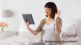  Presentation with pregnancy medicine healthcare and people - Slide deck enhanced with woman with tablet pc computer background and a mint green colored foreground