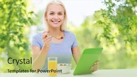  Presentation with green food technology - Slide set featuring woman with tablet pc computer background and a yellow colored foreground