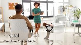  Presentation with team planning - Beautiful presentation design featuring woman with tablet pc computer backdrop and a soft green colored foreground