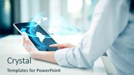  Presentation with business communication - Cool new slide deck with woman with tablet pc computer backdrop and a light blue colored foreground