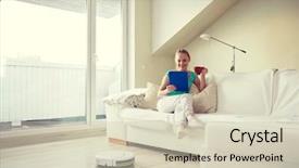  Presentation with vacuum cleaner robot - Presentation theme featuring woman with tablet pc computer background and a soft green colored foreground