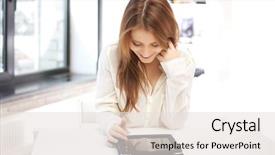  Presentation with tablet of stones - Cool new PPT theme with woman with tablet pc computer backdrop and a sky blue colored foreground