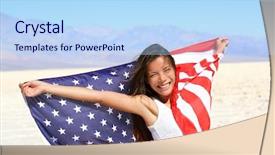  Presentation with white sand - Beautiful slide deck featuring woman with the american flag backdrop and a light blue colored foreground