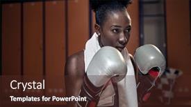  Presentation with woman sport - PPT theme enhanced with woman-with-the-boxing-gloves background and a tawny brown colored foreground