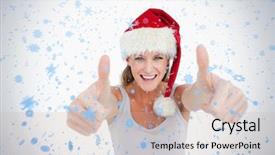  Presentation with falling snow - Amazing theme having woman with the thumbs up and a christmas hat against snow falling backdrop and a soft green colored foreground