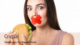  Presentation with hamburger - Slides having woman with tied mouth holding hamburger isolated on white background and a coral colored foreground