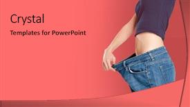  Presentation with weight loss woman showing - Colorful slide set enhanced with woman with too large jeans backdrop and a coral colored foreground