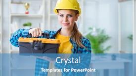  Presentation with workshop tools - PPT theme featuring woman with toolkit in workshop background and a teal colored foreground