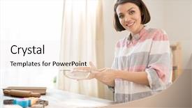  Presentation with mindfulness smile - Amazing slide set having woman with toothy smile sifting backdrop and a sky blue colored foreground