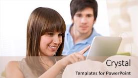  Presentation with lounge - PPT theme featuring woman with touch screen tablet background and a coral colored foreground