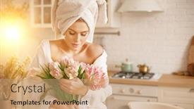  Presentation with kitchen towel - Audience pleasing PPT theme consisting of woman-with-towel-with-flowers backdrop and a coral colored foreground
