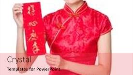  Presentation with everything - Presentation enhanced with woman with traditional cheongsam and holding fai chun phrase meaning is everything going smoothly and easily background and a red colored foreground