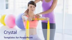  Presentation with resistance - Beautiful presentation theme featuring woman with trainer holding resistance backdrop and a  colored foreground